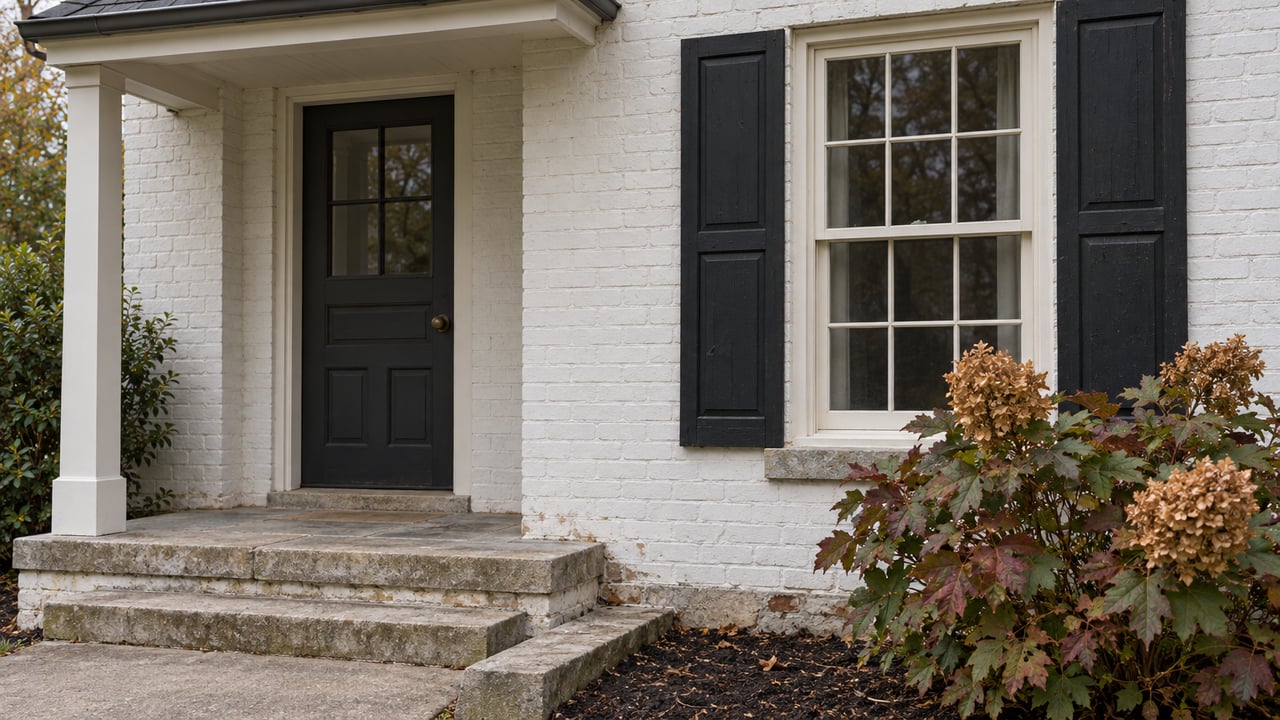 White-painted brick house entry with charcoal door, paired black shutters, weathered limestone steps and an oakleaf hydrangea.