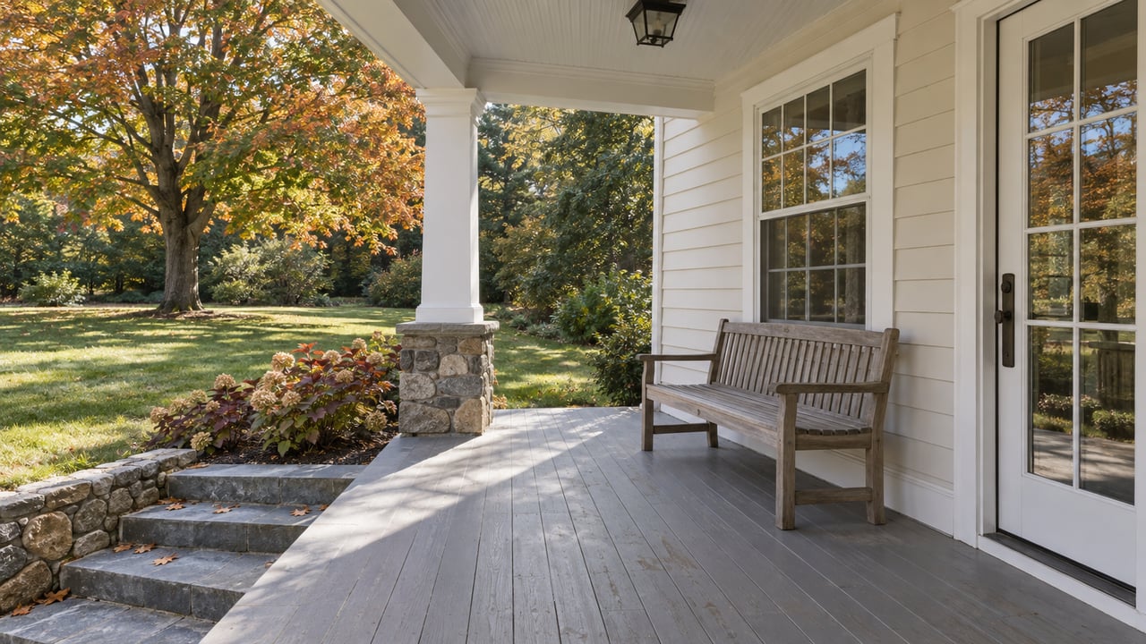 Ivory clapboard home's covered porch with a teak bench, bluestone steps, oakleaf hydrangeas and a maple turning autumn colors beyond the lawn.