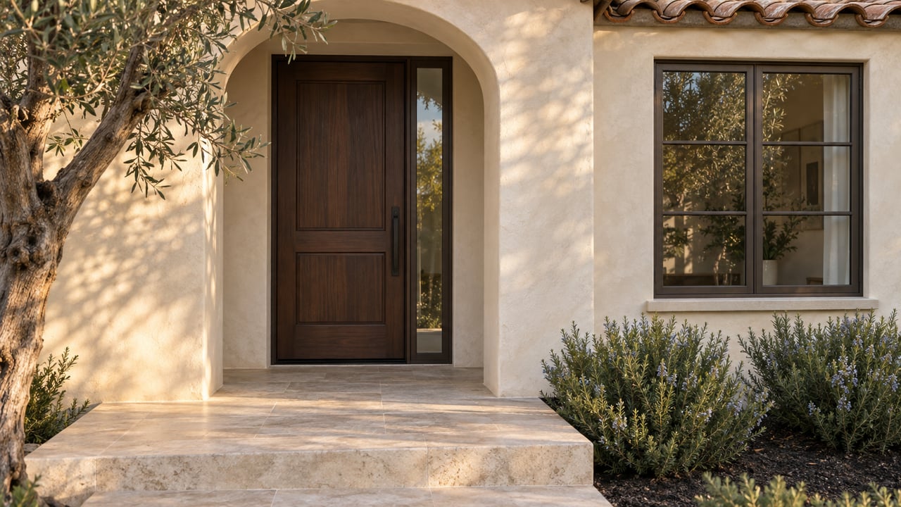 Walnut entry door beneath a curved stucco arch, beside a bronze-framed window and olive tree.