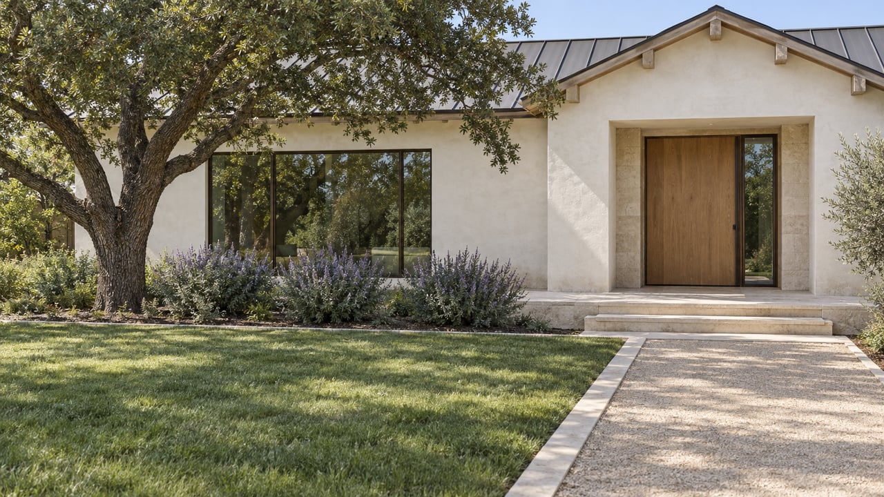 Broad garden and limestone approach leading to a warm white custom home with an oak entry door, bronze-framed glass and a mature coast live oak.