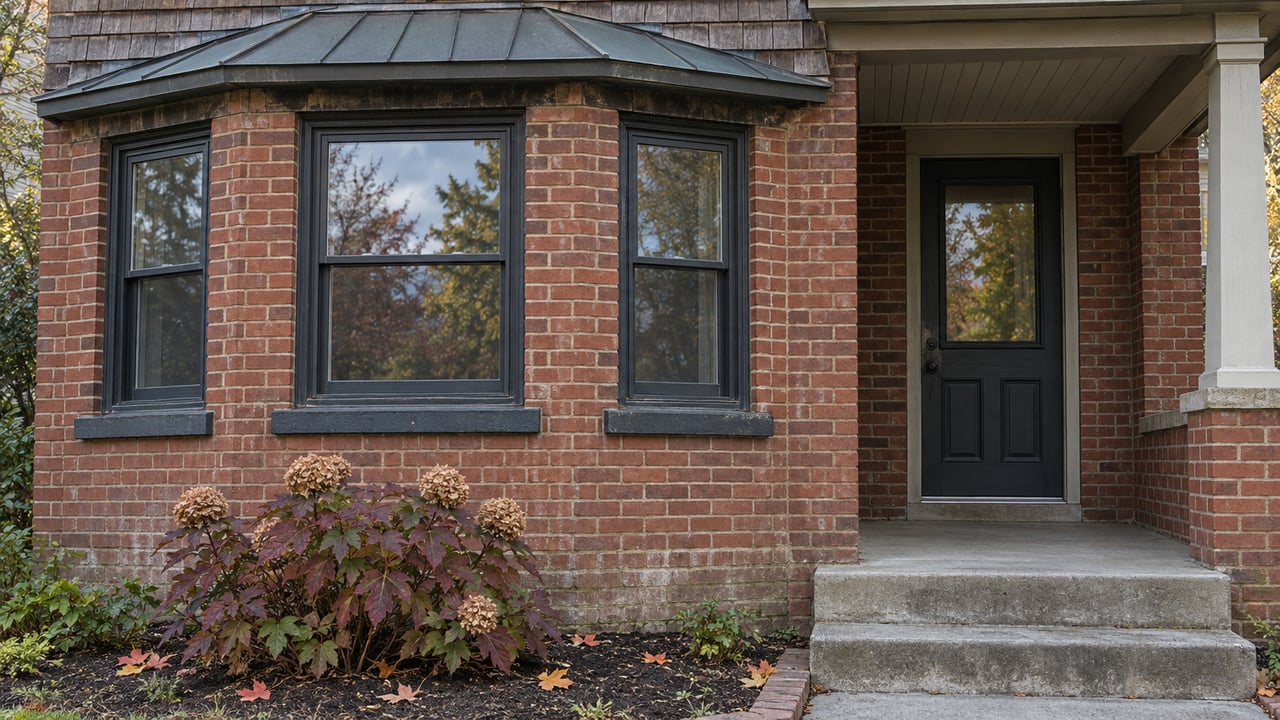 Red-brick window bay beside a recessed wood porch, with weathered shingles and burgundy oakleaf hydrangea.