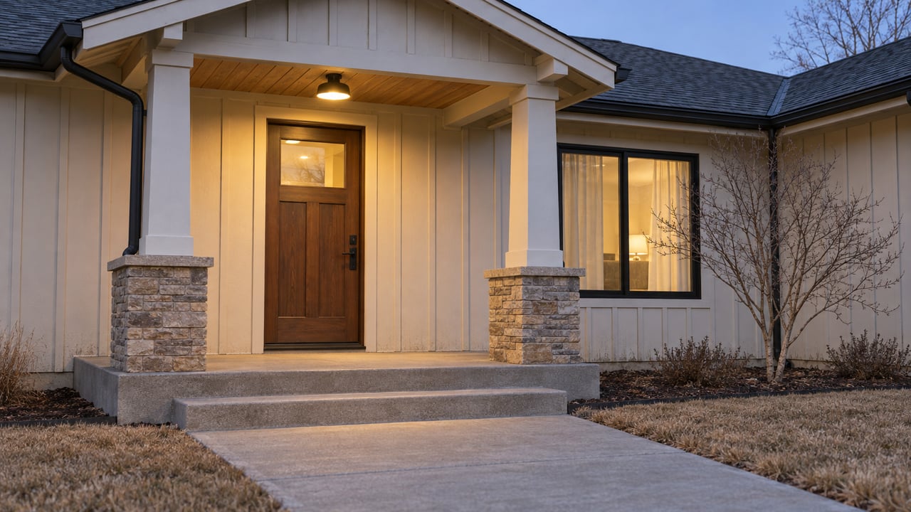 A covered ranch-home entry at dusk, with off-white siding, stone porch bases, a wood door, and a broad concrete walk.