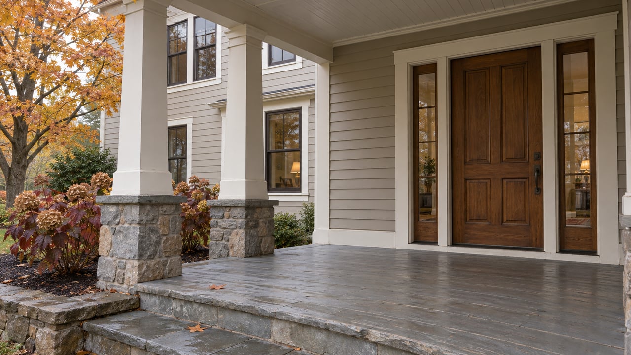 Covered porch with pale gray lap siding, oak entry door, bluestone steps and autumn oakleaf hydrangeas.