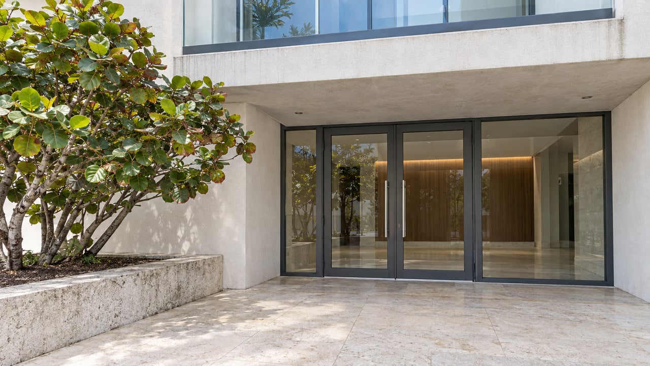 Pale concrete condominium entrance with closed glass doors, a limestone approach, and a sea grape tree in a raised planter.