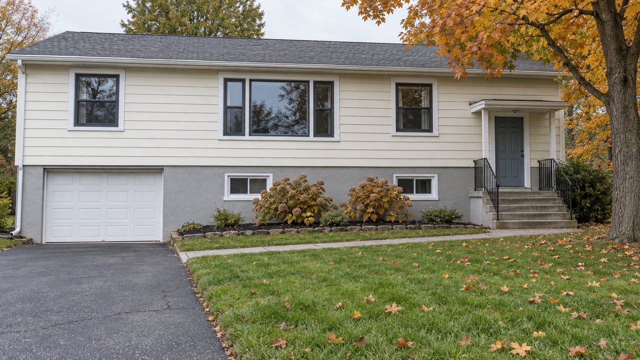 Updated ivory-sided raised-ranch home with a broad autumn lawn, amber maple tree, and driveway leading to an attached garage.