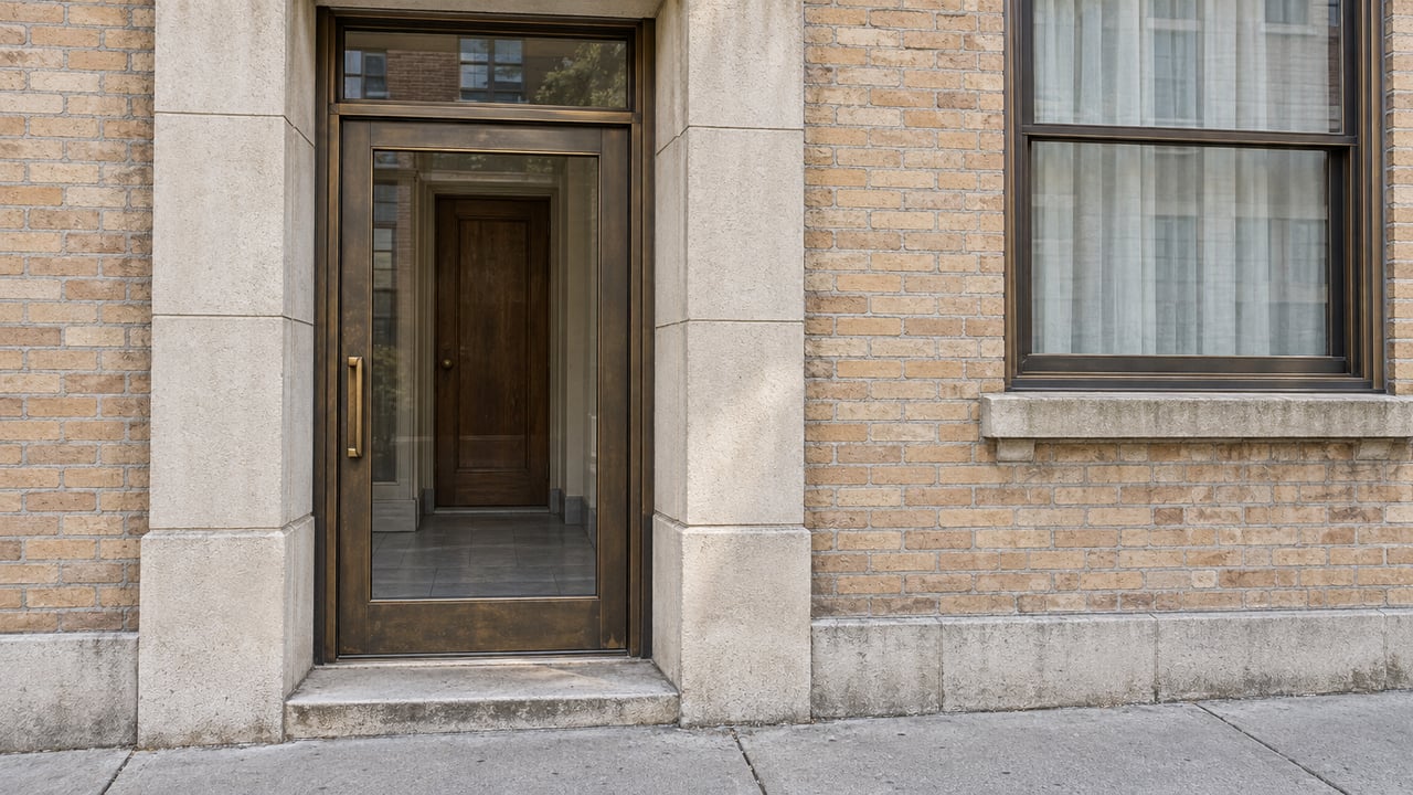 Buff brick residential entrance with weathered limestone surrounds, bronze-framed glass door, and a worn stone threshold.