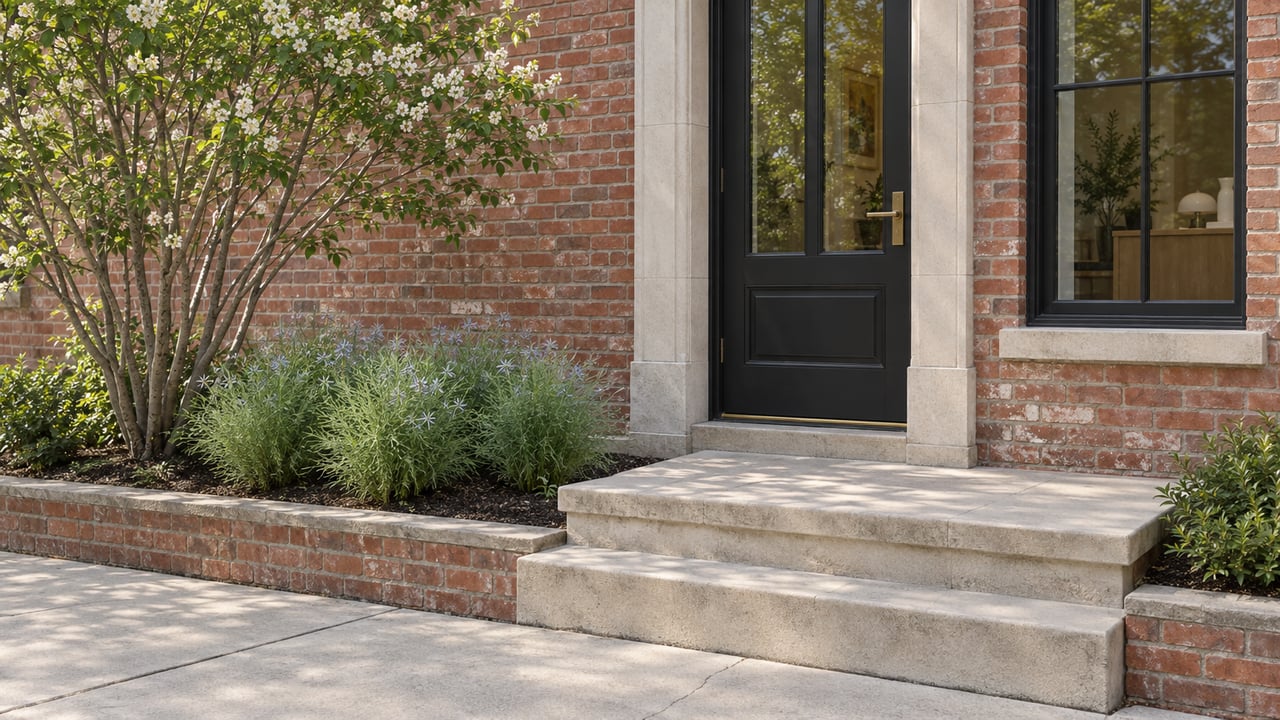Townhouse entry with a dark glazed door, limestone steps, red brick, and a shallow bed of flowering plants.