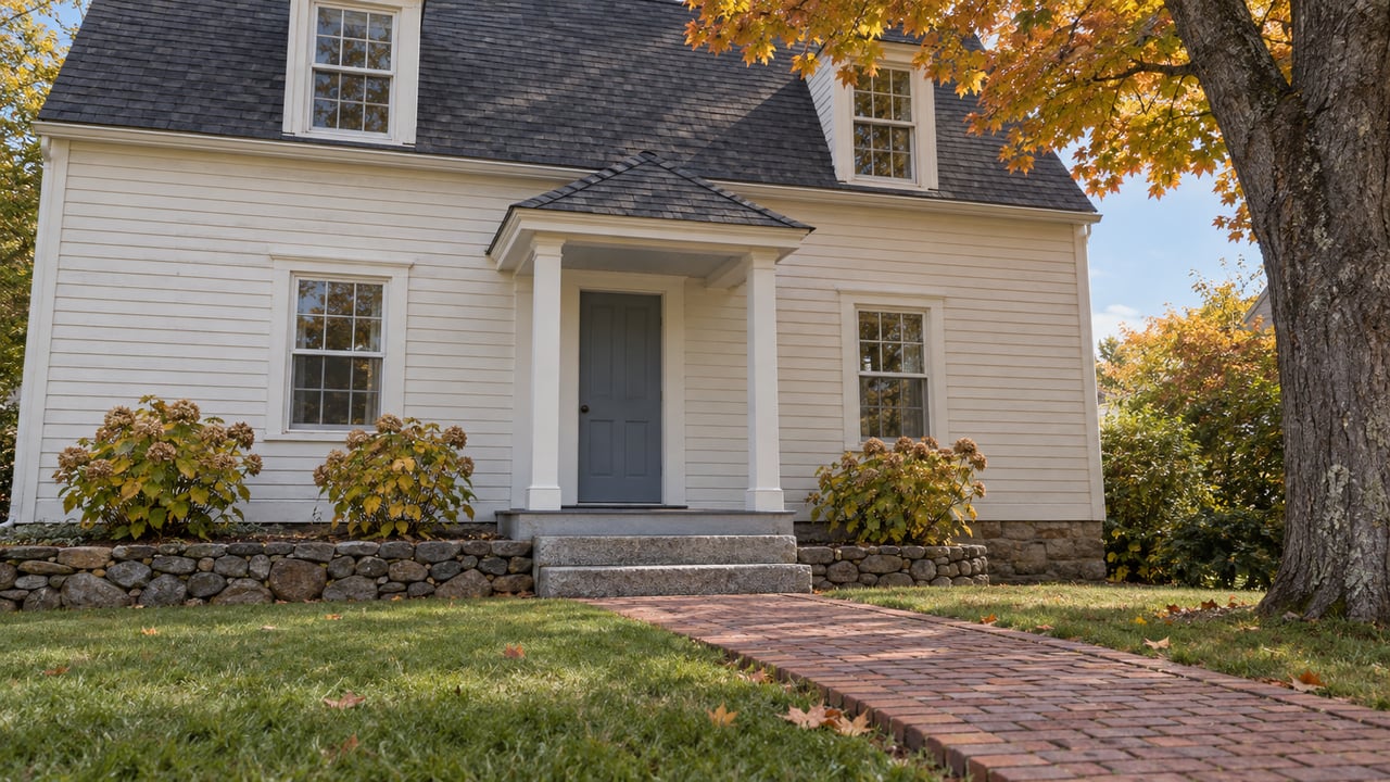 Off-white clapboard home with a small covered porch, granite steps, brick approach and golden maple foliage.