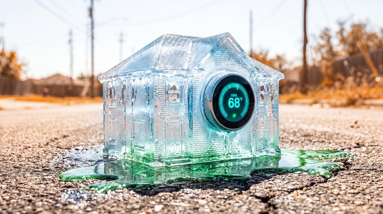 Ice house melting on hot pavement, smart thermostat reading COOL 68°F, lowering Houston energy bills