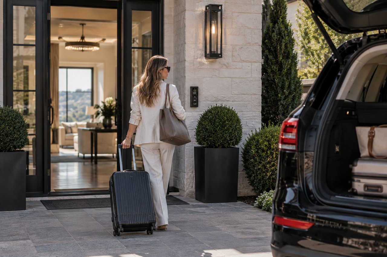 Luxury homeowner leaving a modern residence with luggage, illustrating the convenience, security, and low-maintenance lifestyle of lock-and-leave luxury living.
