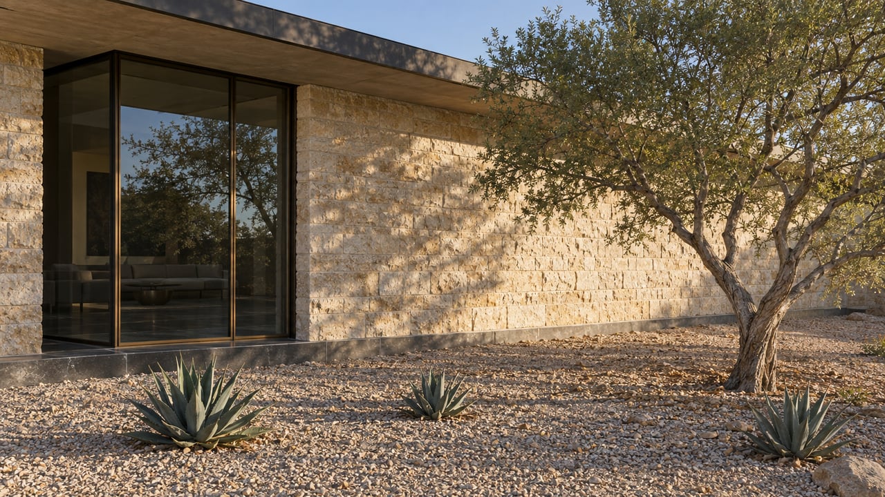 Limestone-clad modern house with a recessed bronze-framed window, gravel garden, and twisting desert tree.