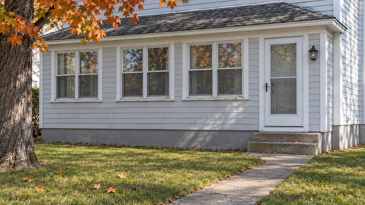 Pale clapboard cottage porch with closed windows and storm door, concrete steps and an autumn maple beside a modest lawn.