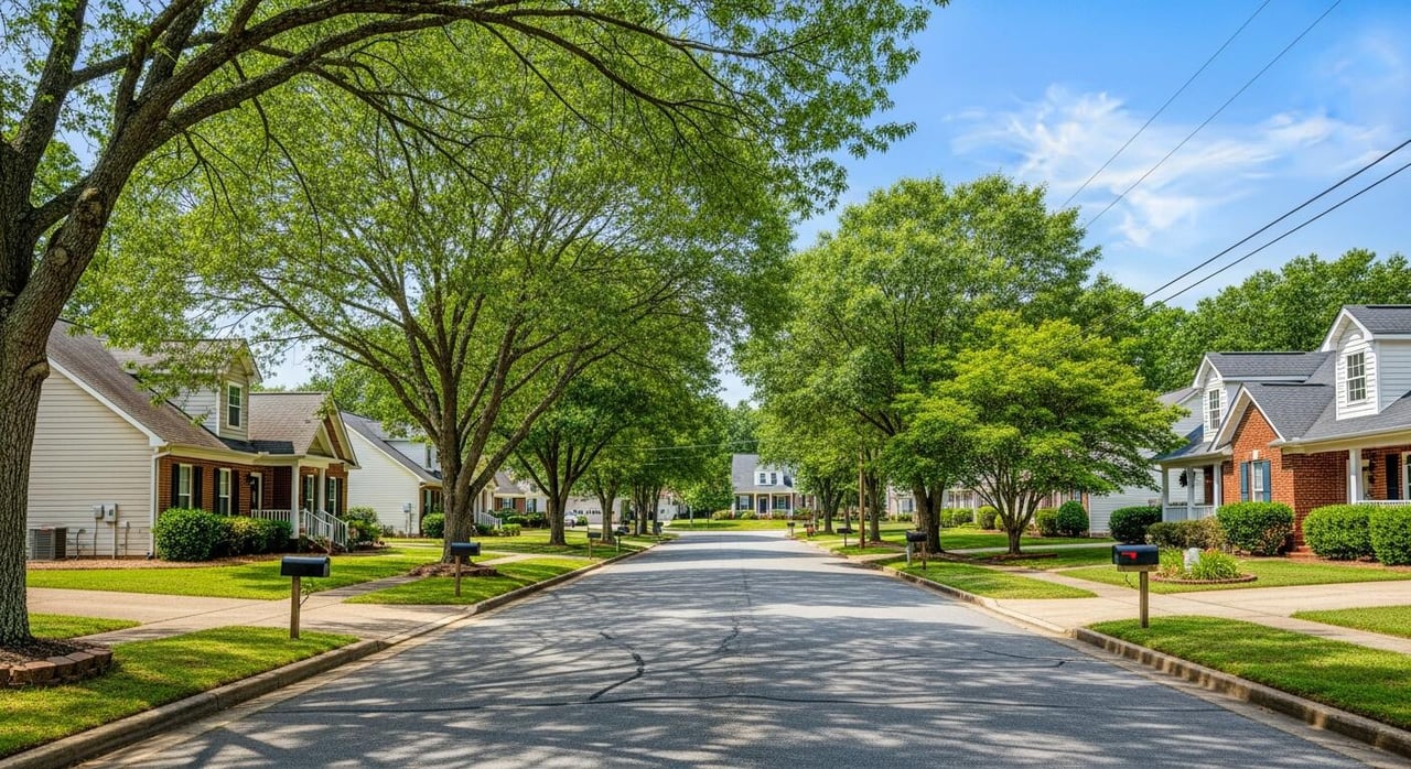 Residential street lined with homes, mature shade trees, lawns, and mailboxes.