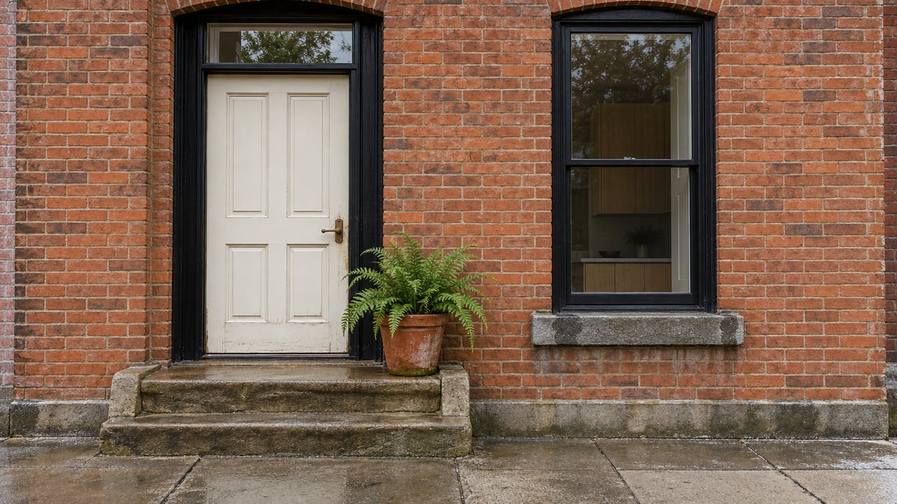A warm-white paneled entry door and black-framed window in weathered red brick, above worn stone steps and a rain-darkened sidewalk.