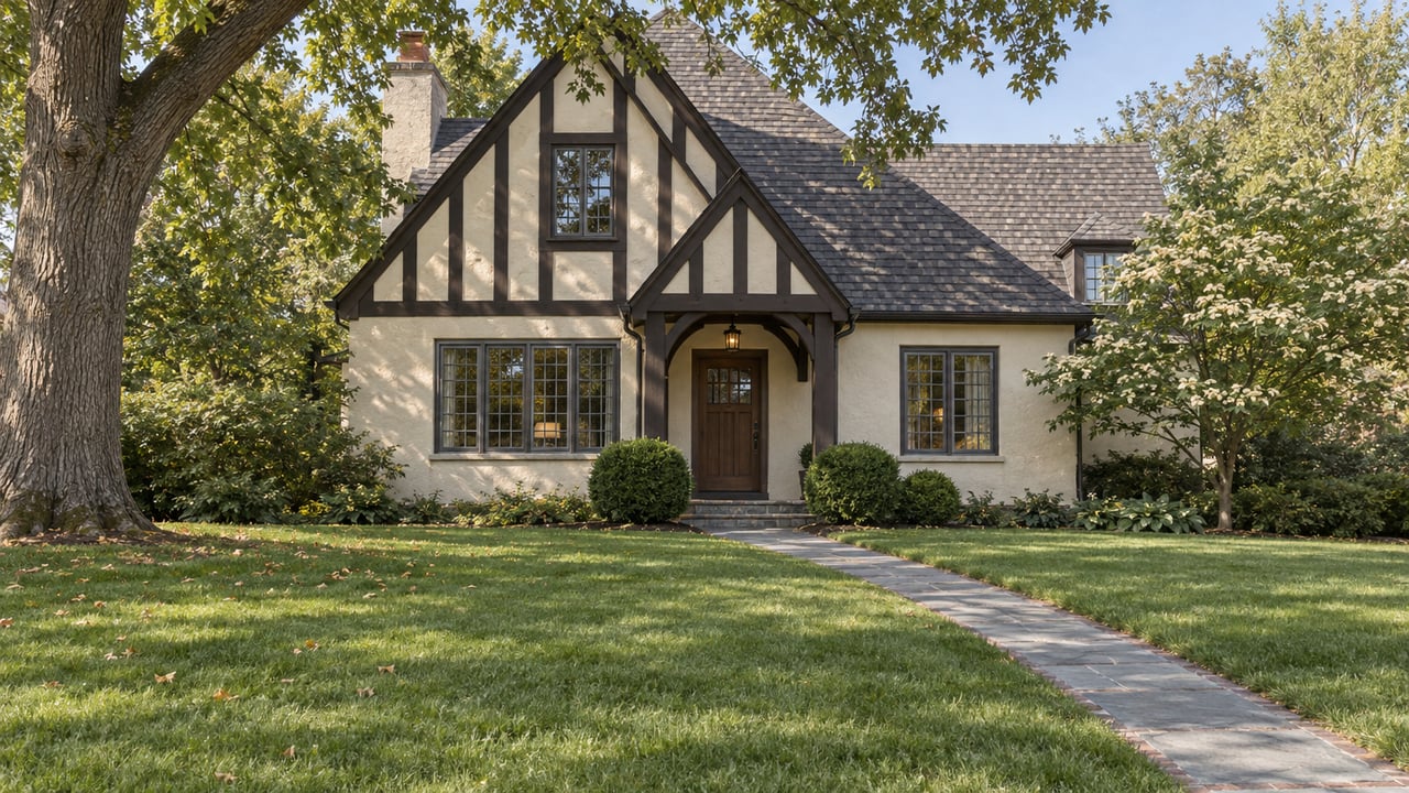 Tudor-style house with a steep half-timbered gable, bluestone path, deep lawn, and mature oak canopy.