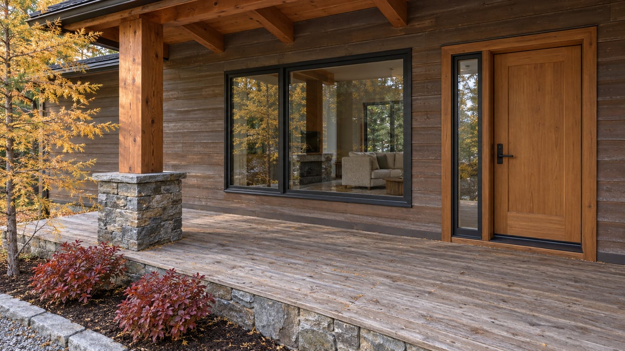 Autumn light on a weathered timber porch with stone supports, a closed wood entry door and golden larch branches.