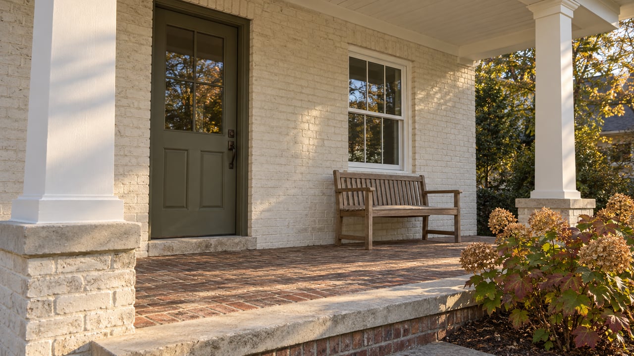 Late-afternoon light across a painted brick home's covered porch, with a closed olive door, teak bench and oakleaf hydrangeas beside the brick steps.
