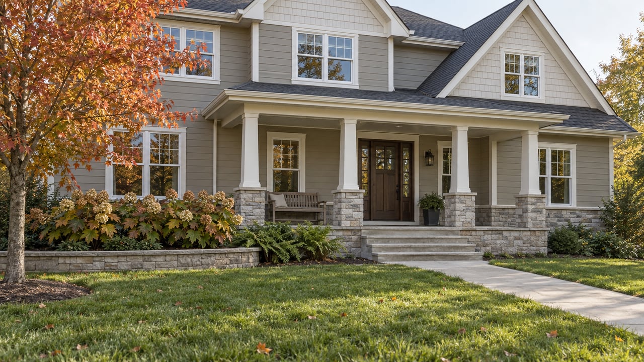 Substantial gabled house with gray siding, a stone-based covered porch and a broad lawn edged by an autumn maple and oakleaf hydrangeas.
