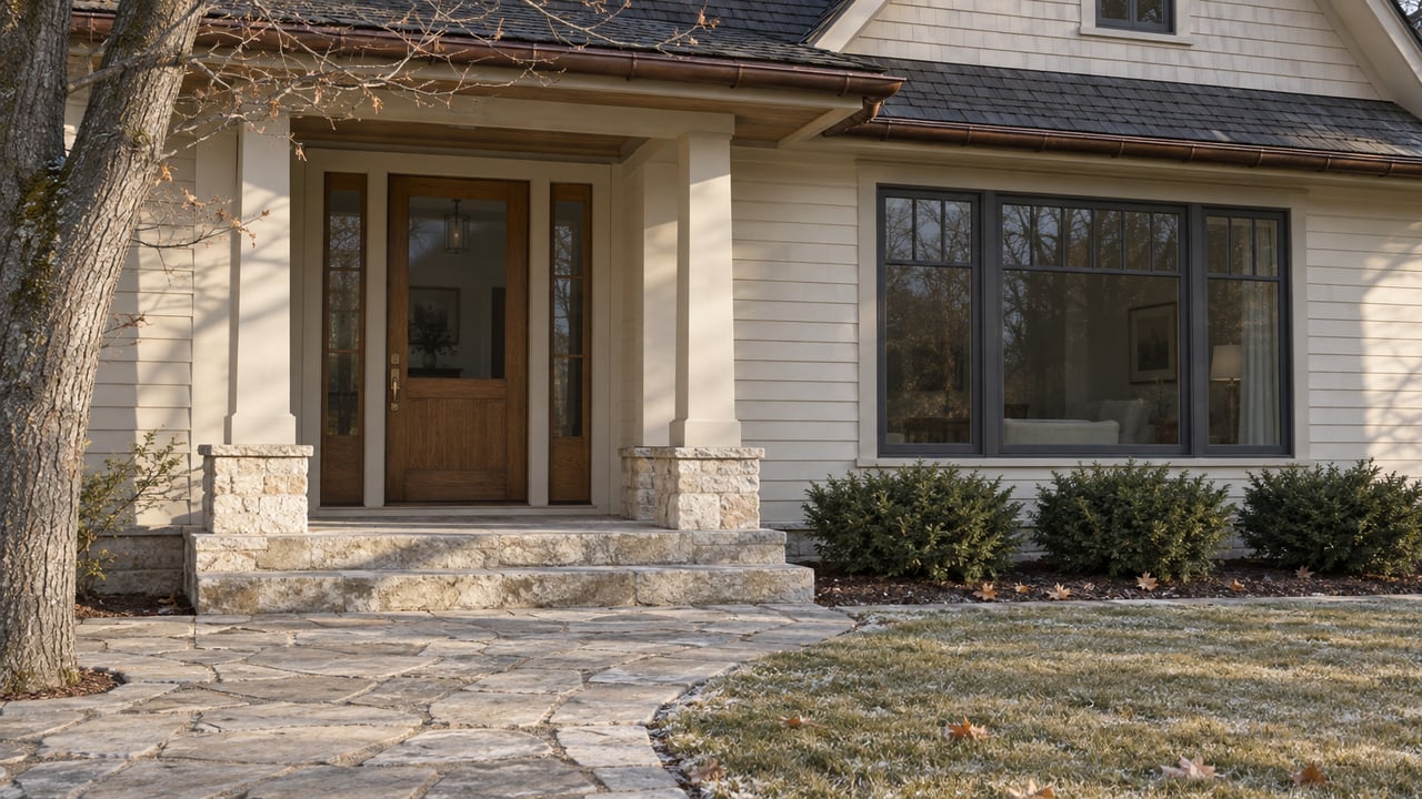 Late-autumn sunlight across the limestone approach of a cedar-clad home, with a sheltered oak entry, dormant lawn and light frost.