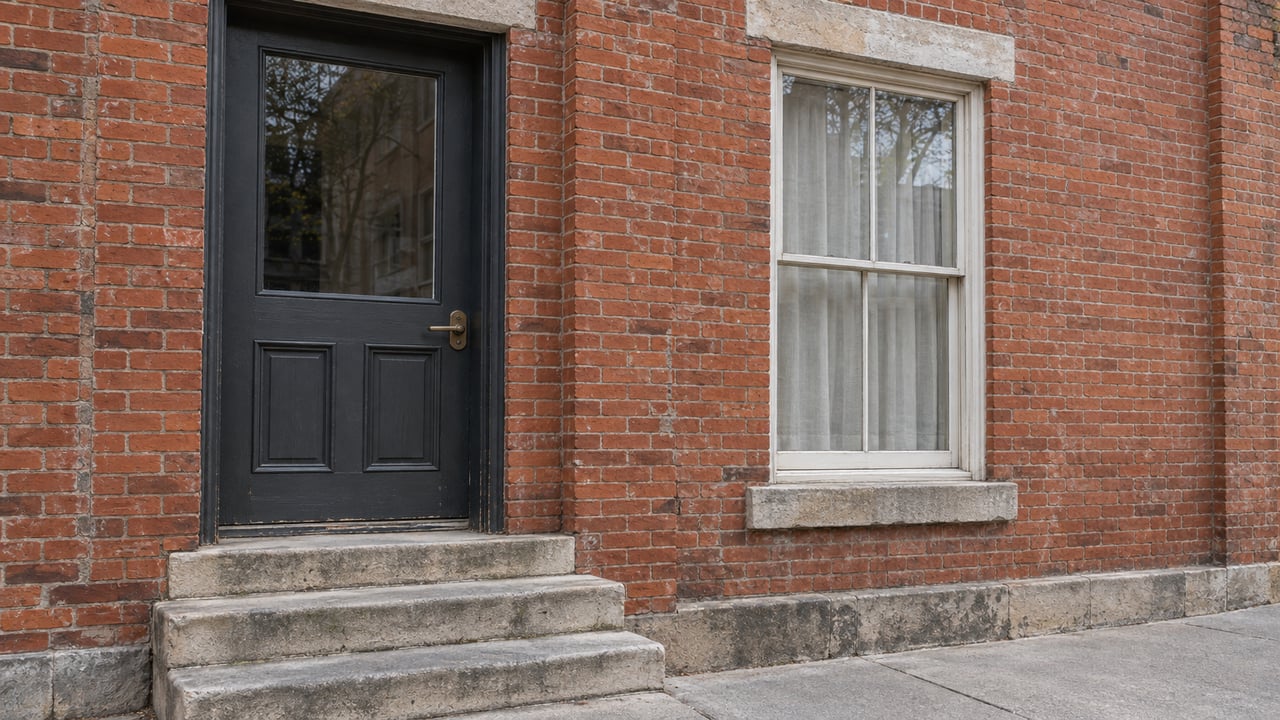 Brick rowhouse entry with charcoal door, tall divided-light window, and worn limestone stoop.