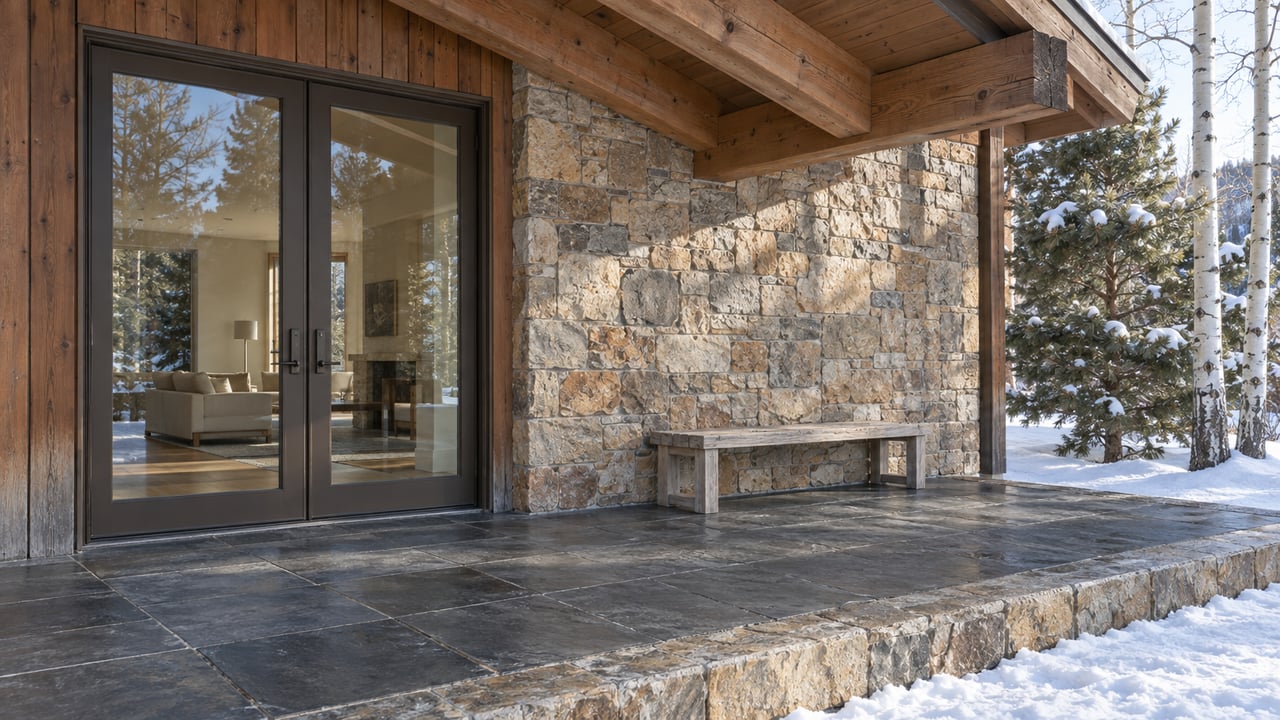 Snow borders a sheltered slate terrace beside timber beams, stone cladding and closed glass doors, with a weathered teak bench and pine and aspen outside.