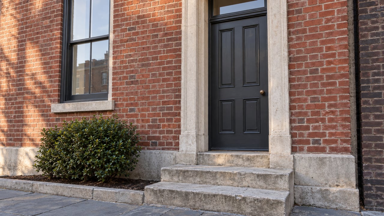 Recessed charcoal door with glazed transom above worn limestone stoop, set in red brick beside a clipped shrub.