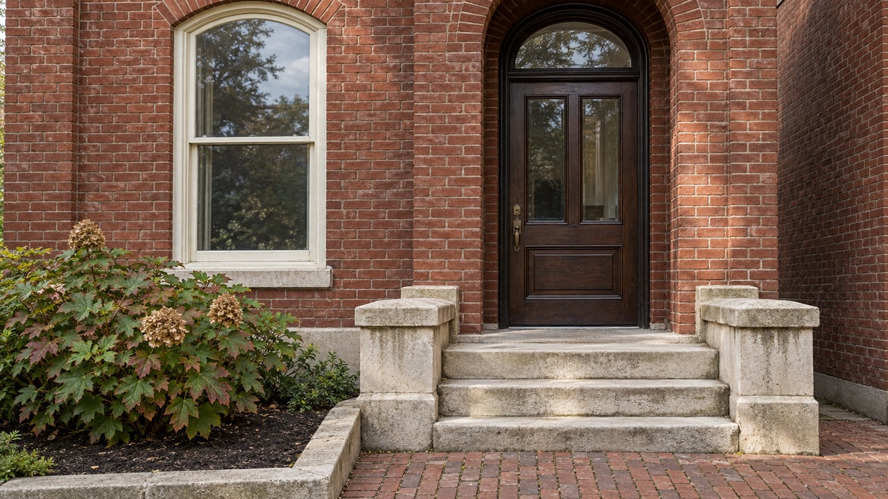 Soft morning light on a red-brick home's arched window, walnut entrance, and worn limestone stoop beside an oakleaf hydrangea.