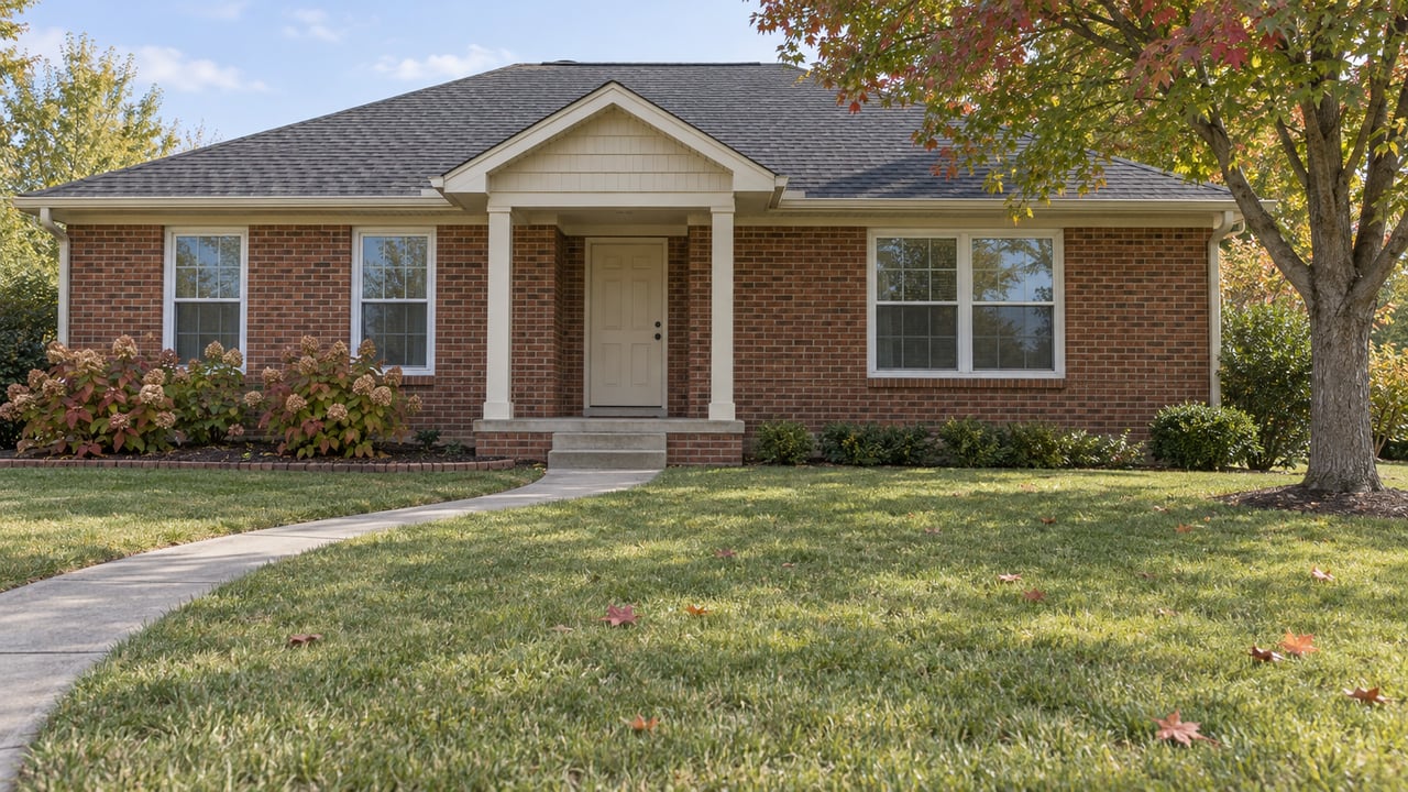 A modest brick home behind a deep green lawn, with a curved concrete walk, cream entry door, and mature maple showing early autumn color.
