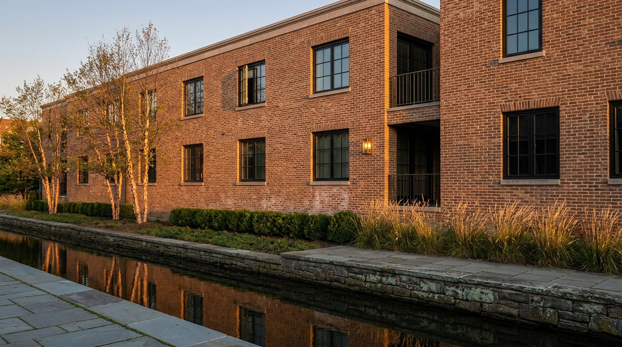 Three-story russet brick building beside a narrow waterway, with peeling-bark birches and a warm reflection.