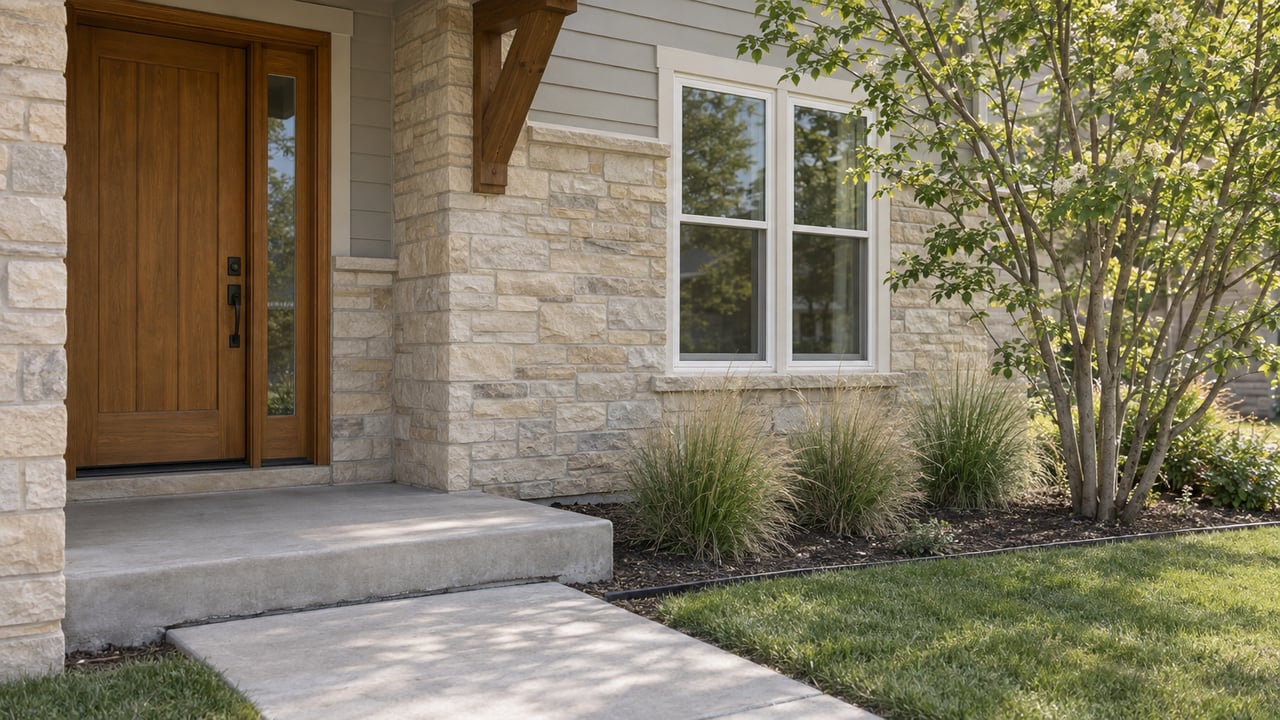 Suburban stone-and-siding entry with a honey-brown door, concrete stoop, narrow lawn, and small garden bed.