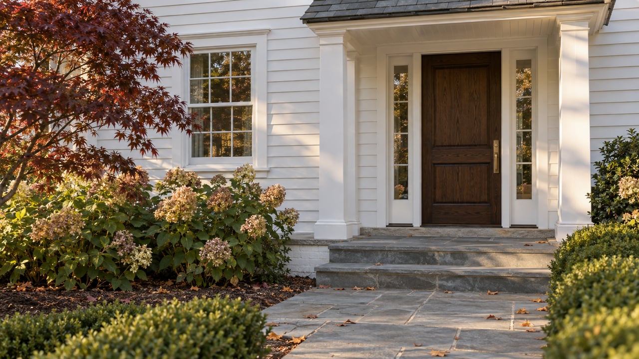 White clapboard home with a dark oak entry, bluestone steps, and burgundy maple beside parchment-colored hydrangeas.