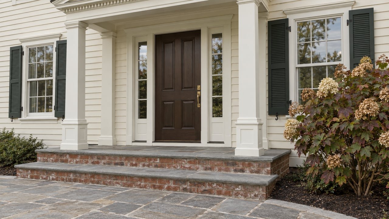 Ivory clapboard home with a dark paneled front door, paired shuttered windows, brick and bluestone steps, and an oakleaf hydrangea.