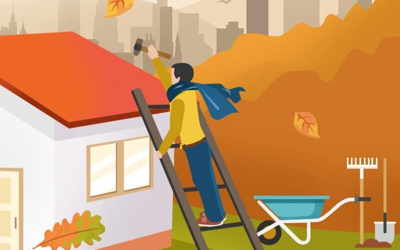 Illustration of a person on a ladder working on a red roof amid autumn leaves.