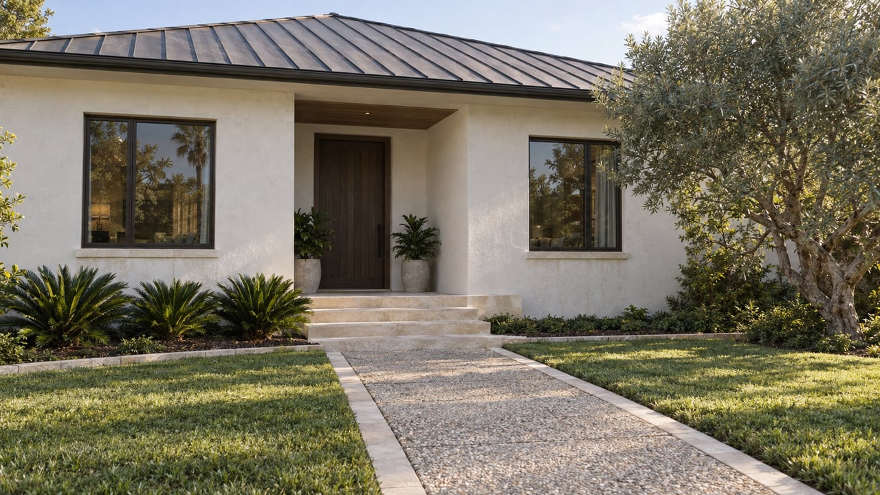 Renovated cream-stucco home with a recessed porch, dark timber door, and walkway crossing a deep lawn.
