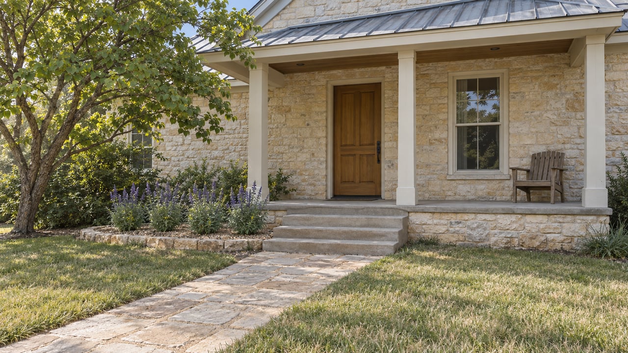 Limestone cottage with a shaded front porch, worn stone approach, muted lawn, and a redbud tree.