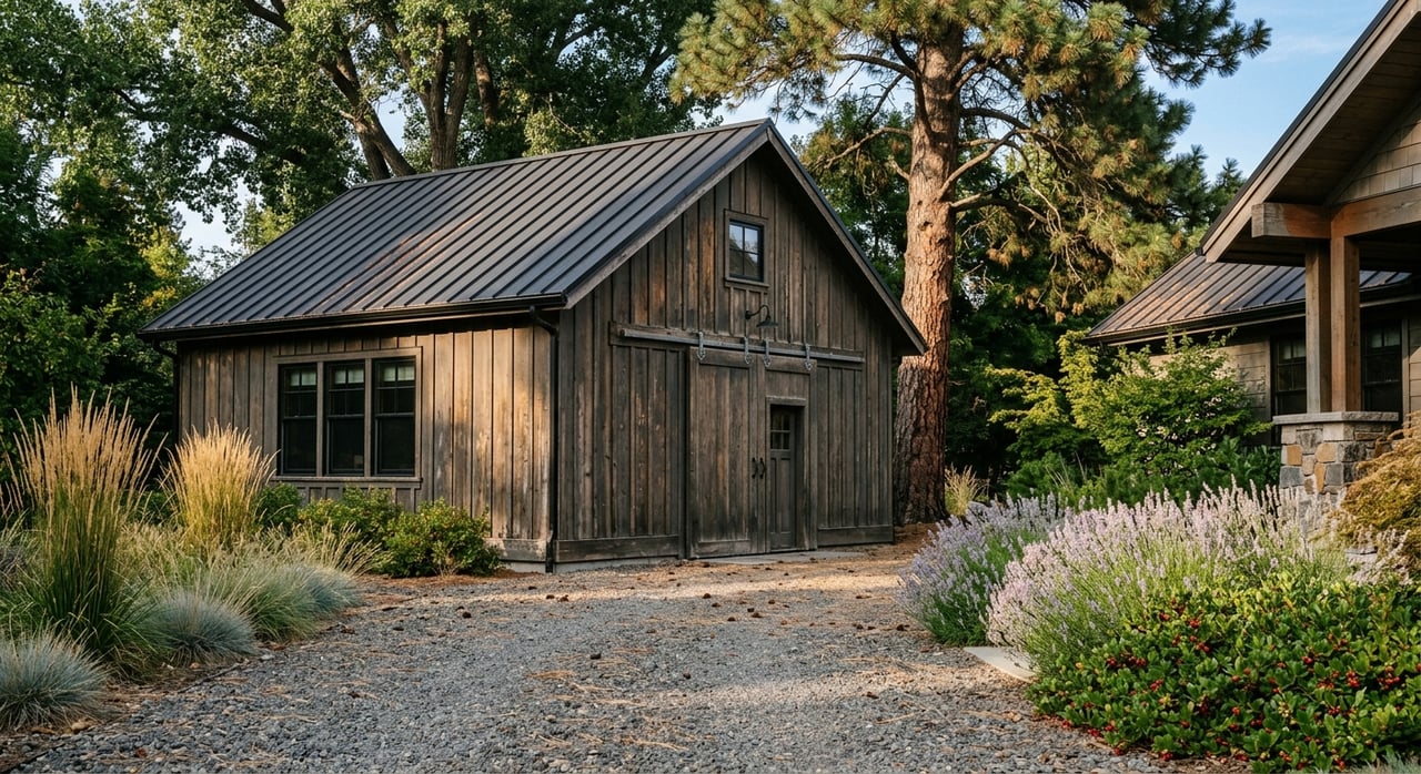 Off-white detached barn with a weathered cedar sliding door, black-framed windows, and a gravel drive.