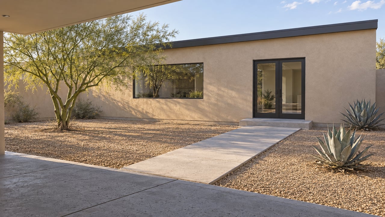 Sand-stucco single-story home across a gravel courtyard with dark-framed glazing, a concrete path, a sculptural green-trunk tree and two agaves.