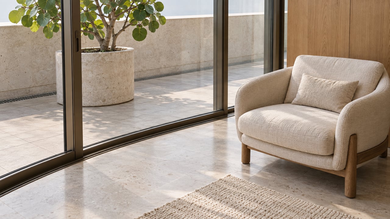 Cream lounge chair and warm oak paneling beside curved floor-to-ceiling glass, with a pale stone terrace and one sea grape tree outside.