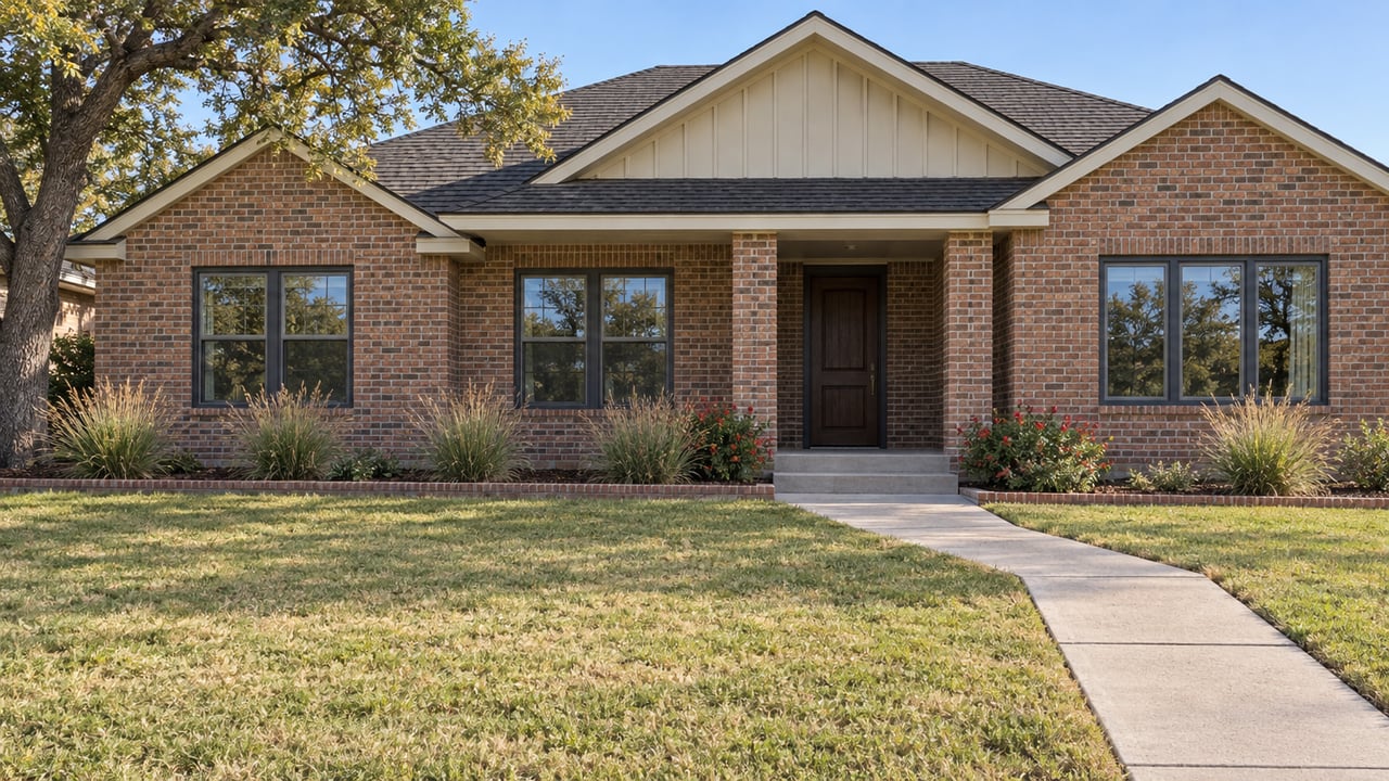 Red-brown brick home with charcoal gables, a recessed oak entry, and a broad lawn crossed by a concrete walk.
