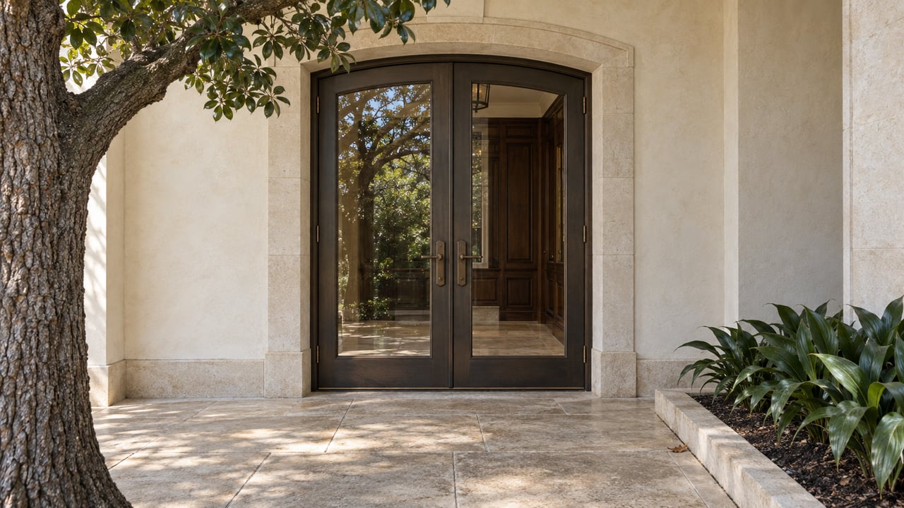 Paired bronze French entry doors framed in cream limestone, with walnut paneling visible inside and a raised stone terrace beside cast-iron plants.