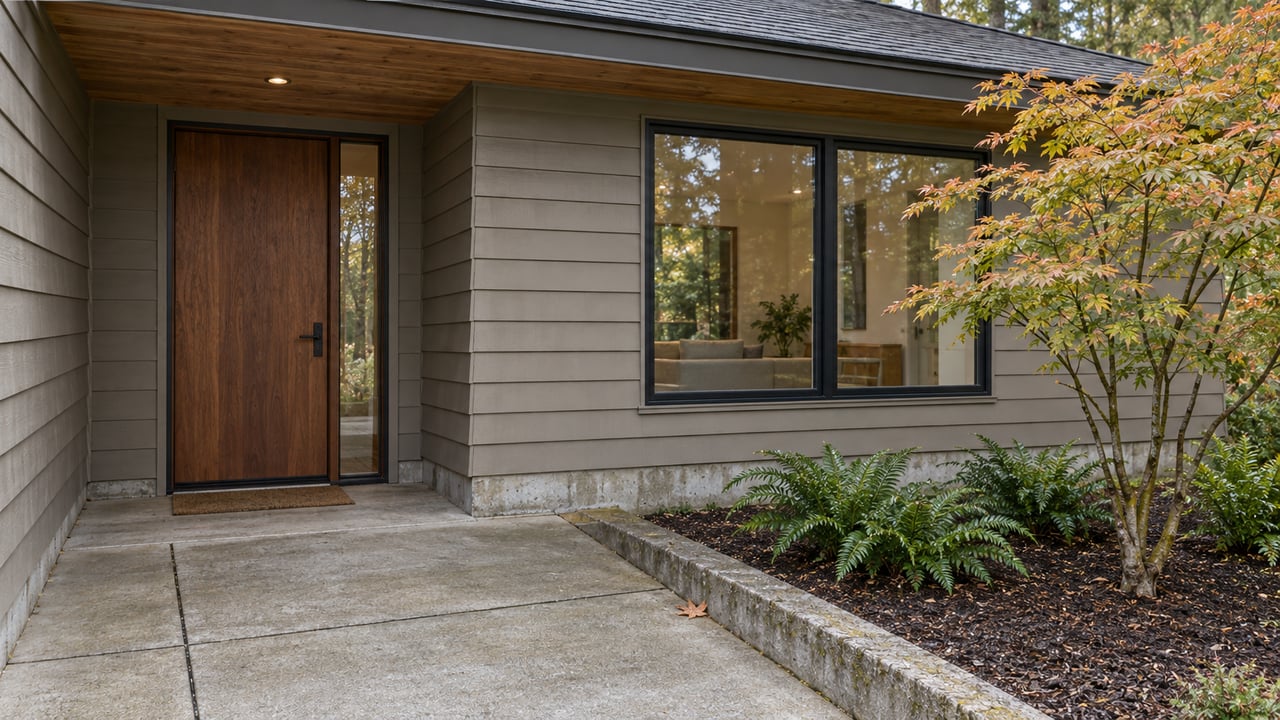 Taupe-sided home with a recessed wood entry door, black-framed window, concrete landing, and an amber-edged vine maple above sword ferns.