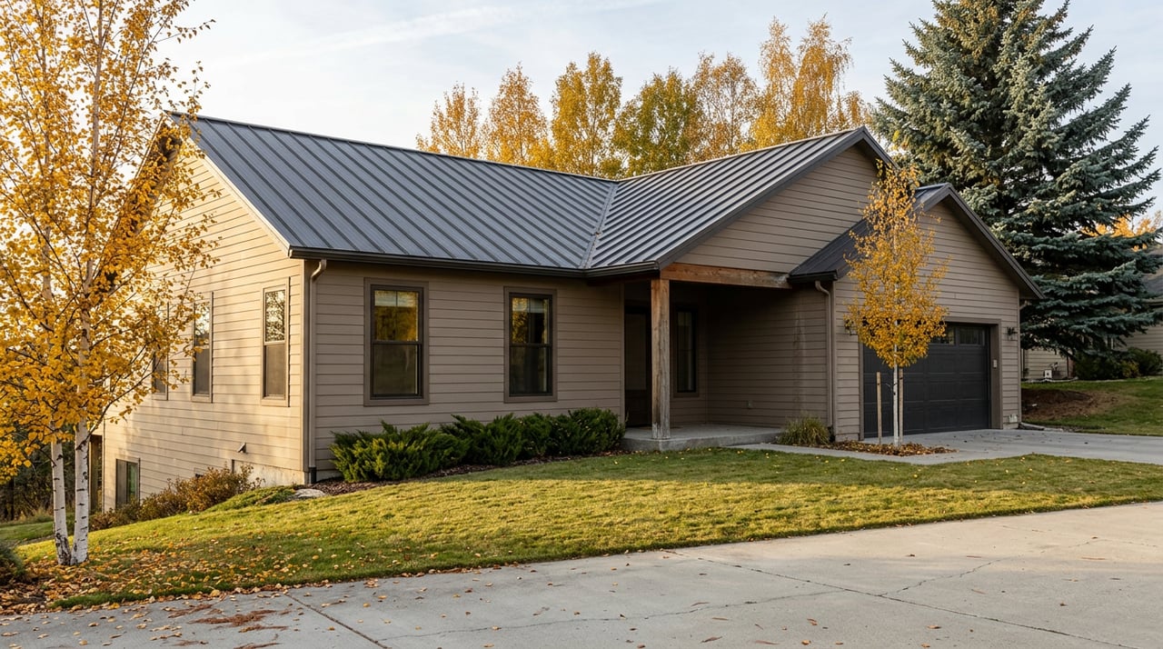 Hillside home with taupe siding, charcoal metal roof, timber entry, and golden birch trees in autumn.