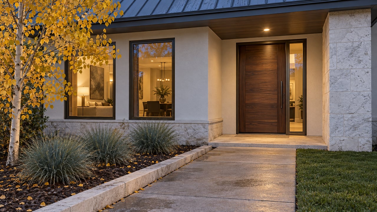 Wooden front door with glazed sidelight, pale limestone pier, and golden aspen beside the entry walk.