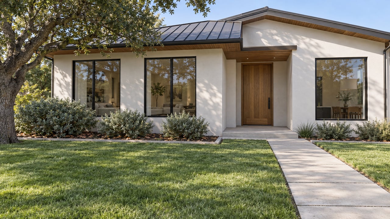A white stucco home with bronze roof, oak entry door, and black-framed windows beyond a deep lawn and concrete walk, shaded at left by a mature live oak.
