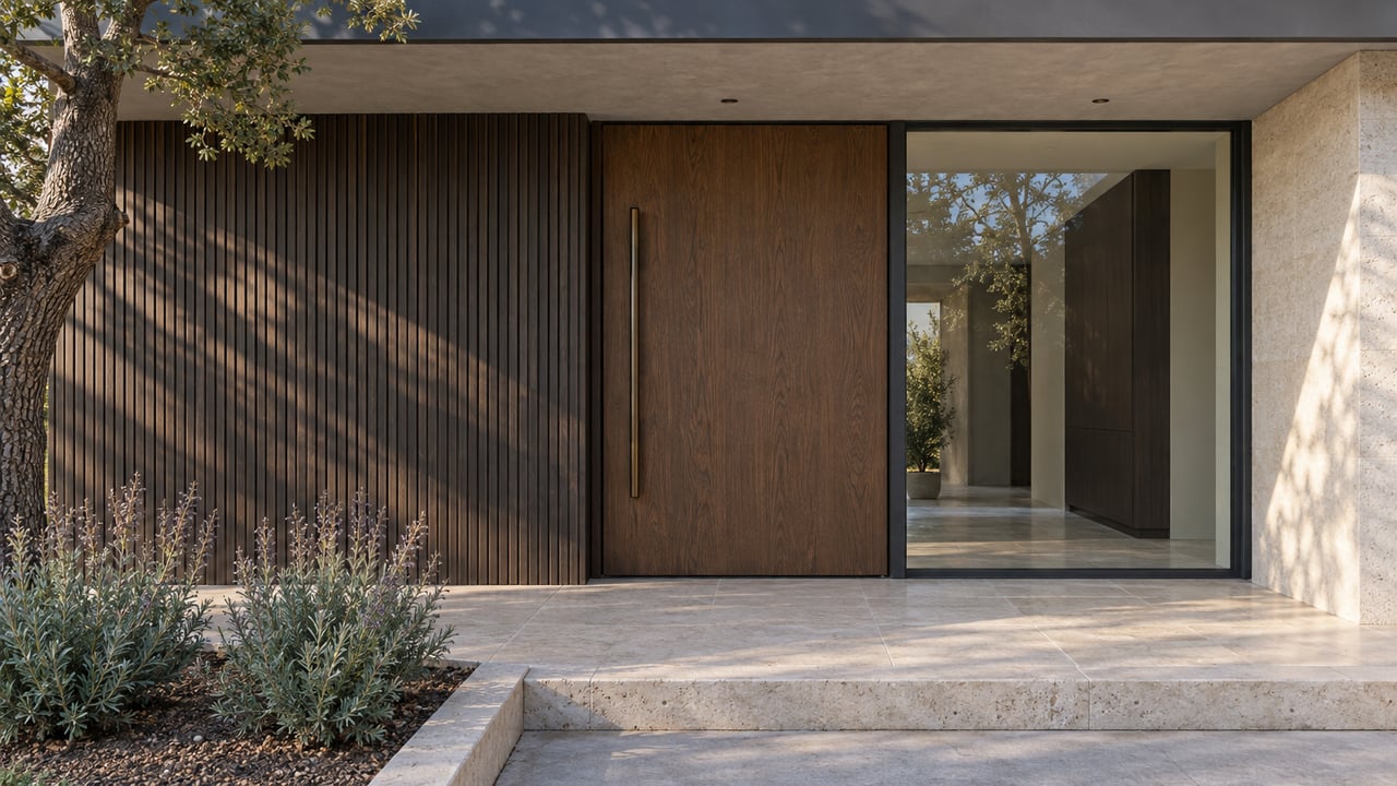 Morning light crosses a limestone entry landing beside a dark oak door, glazed sidelight and a mature oak tree.