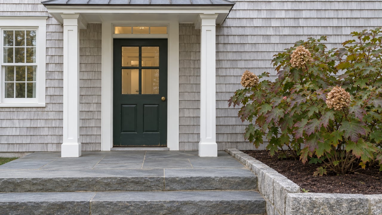 Gray-shingled home entry with a deep green glazed door, white canopy posts, bluestone steps and an oakleaf hydrangea.
