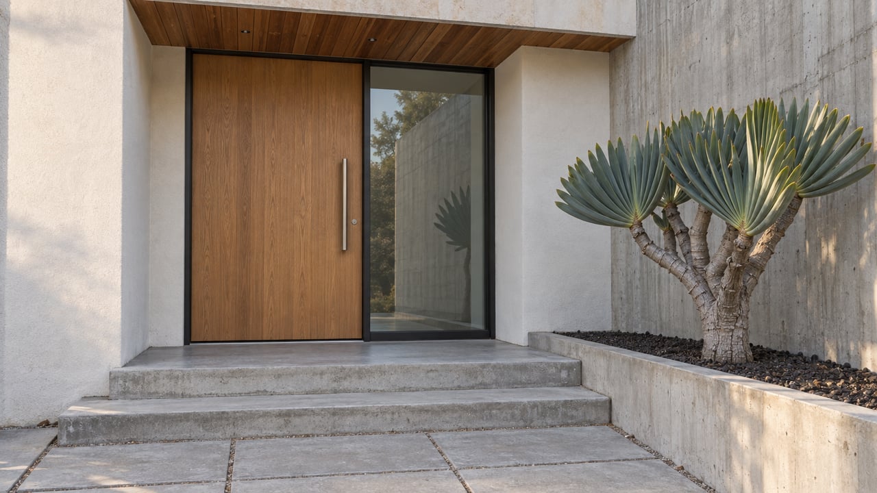 Close view of a contemporary home's recessed oak entry, cedar soffit, concrete steps and a sculptural fan aloe.