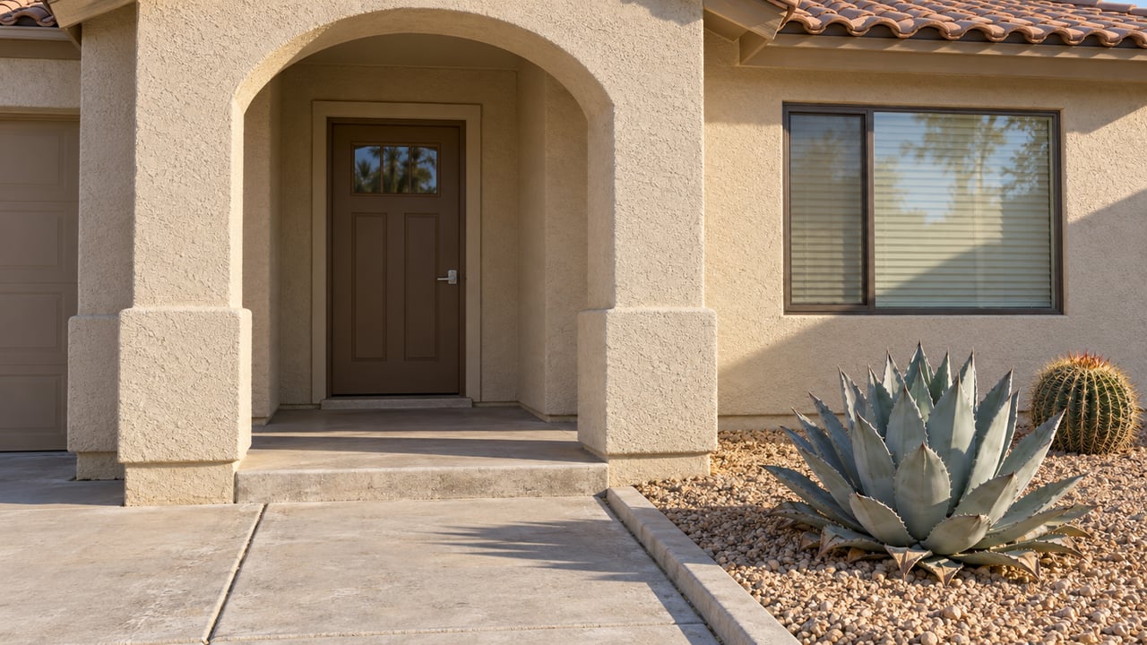 Sunlit stucco home entrance with an arched porch, terracotta roof tiles and two sculptural desert plants beside a concrete walk.