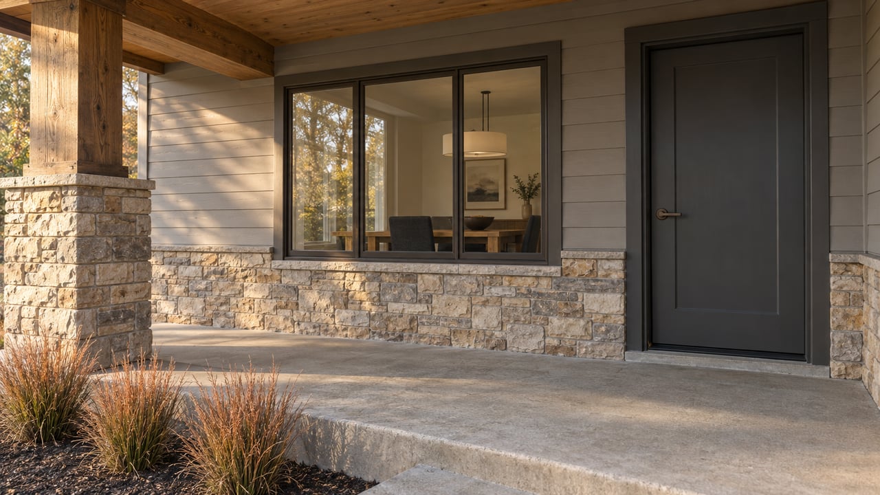 Timber-covered residential entry with split-stone masonry, gray siding and a closed window revealing an oak dining table.