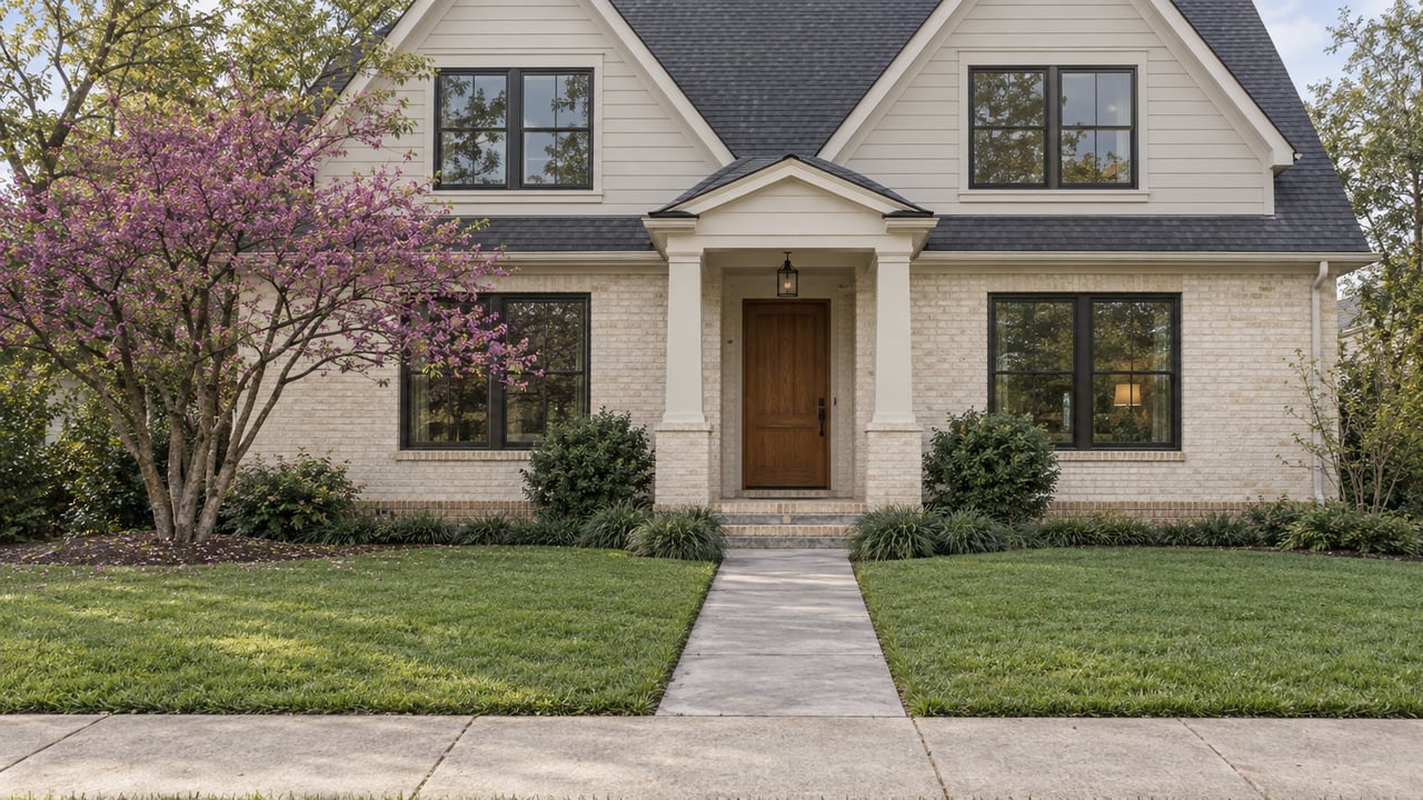 Two-story house with off-white brick, pale siding, steep roof, and a concrete walk across a deep lawn.